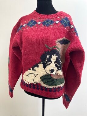 Vintage Woolrich Woman Pure Virgin Wool Dog Sweater Deep Red M